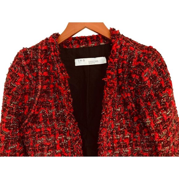 Iro Red Disco Tweed Jacket Wool Blend Red Silver Tweed Blazer Lined - Sz 4 - Picture 6 of 13